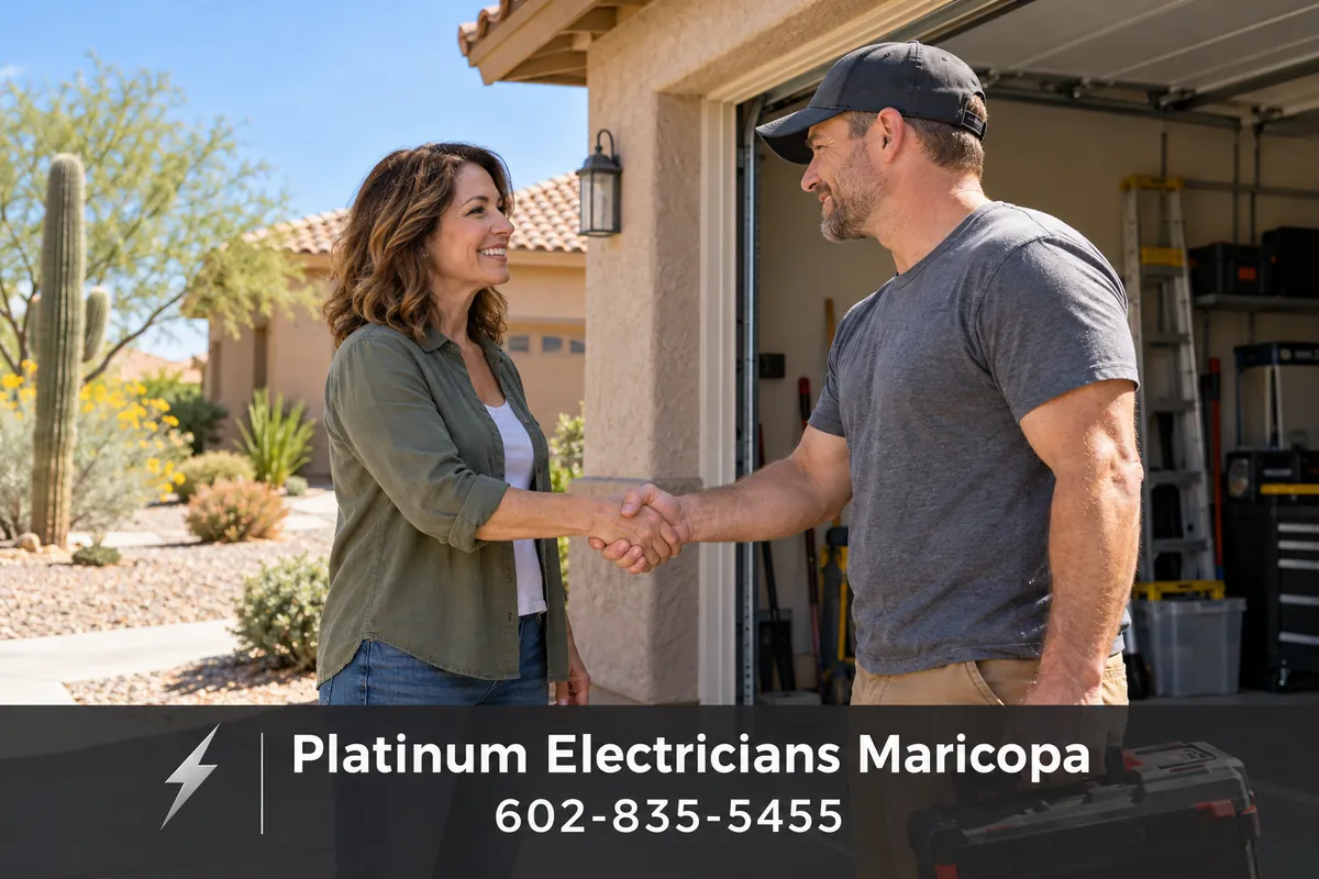 Homeowner greeting a tradesperson at a garage in Arizona
