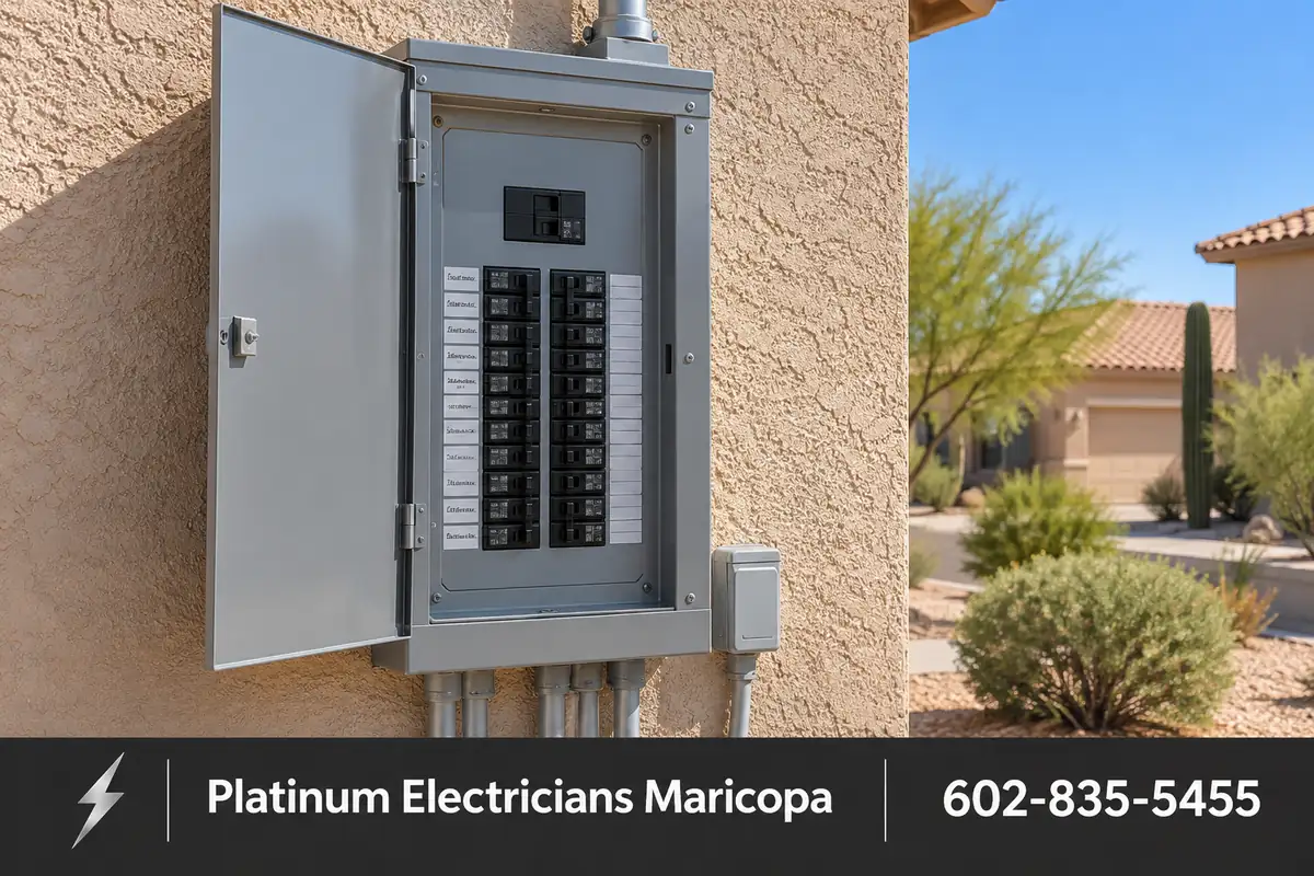 New 200 amp residential breaker panel installed on an Arizona stucco wall