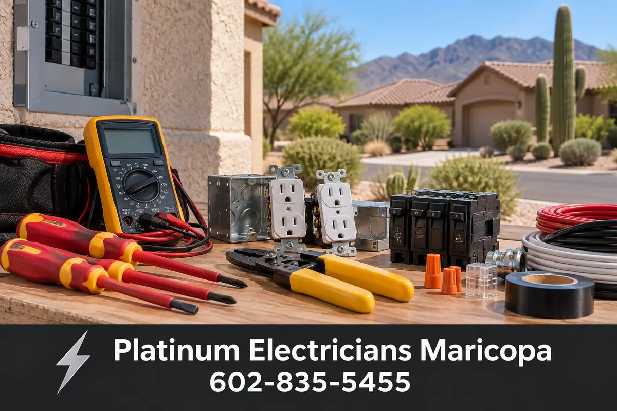 Electrical tools and parts laid out on a workbench