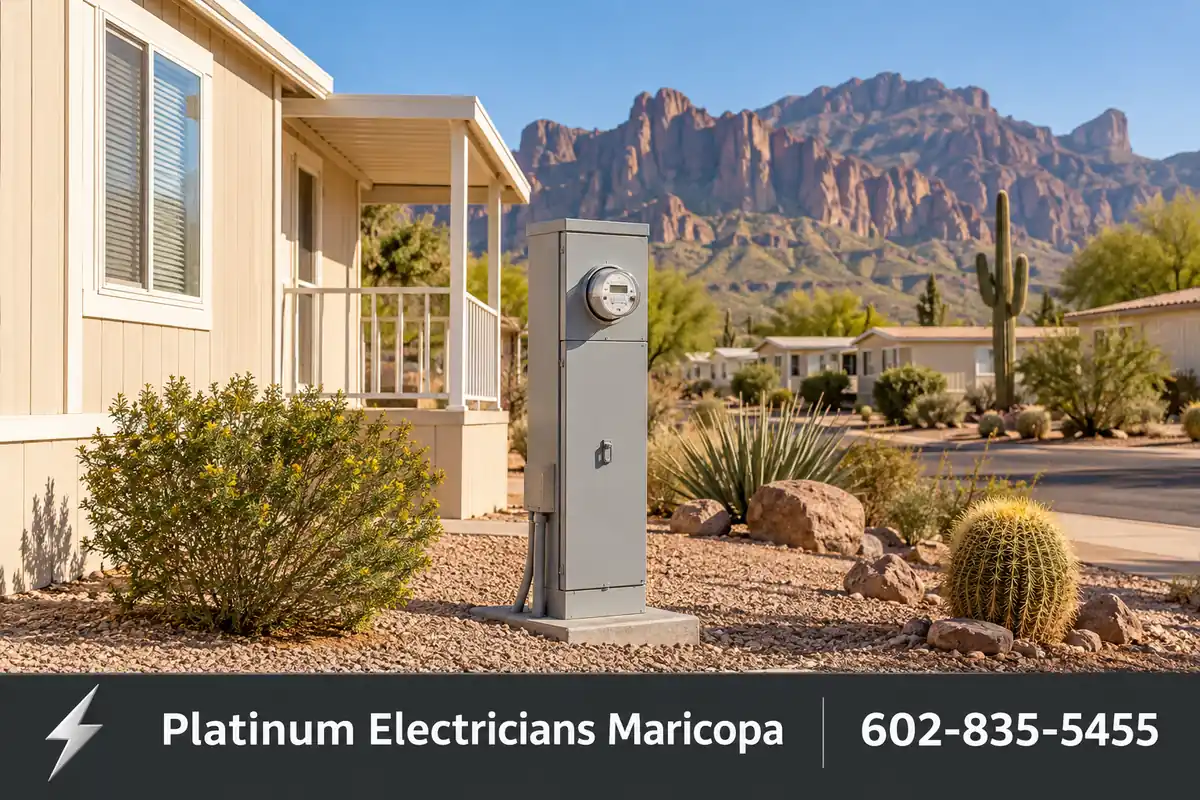 Manufactured home with an electrical service pedestal near the Superstition Mountains, Arizona