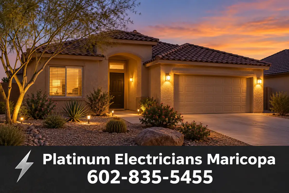 Single-story home in Casa Grande, Arizona at dusk with exterior lights on
