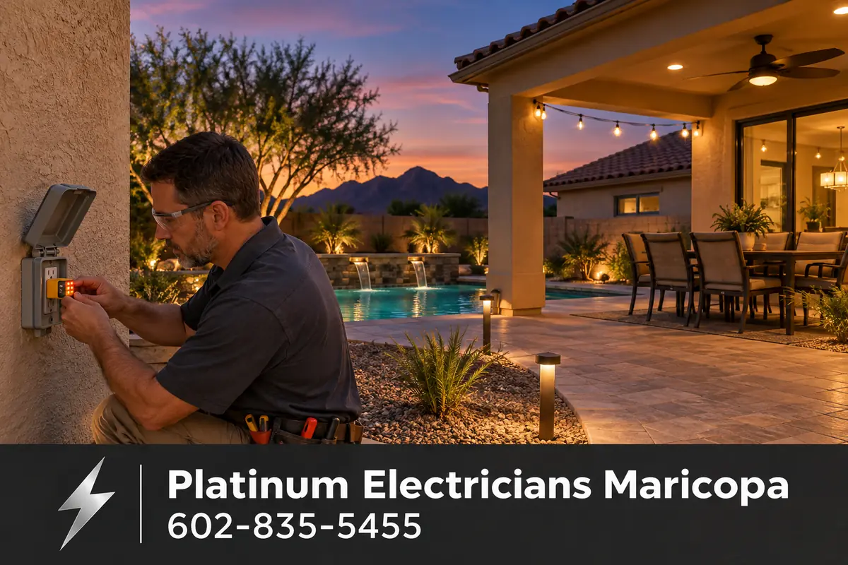Gilbert, Arizona backyard with patio lighting and a pool at dusk