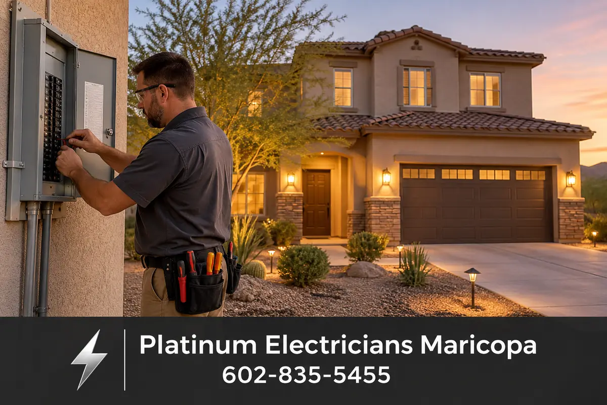 Two-story Queen Creek, Arizona home with a detached garage and outdoor lighting