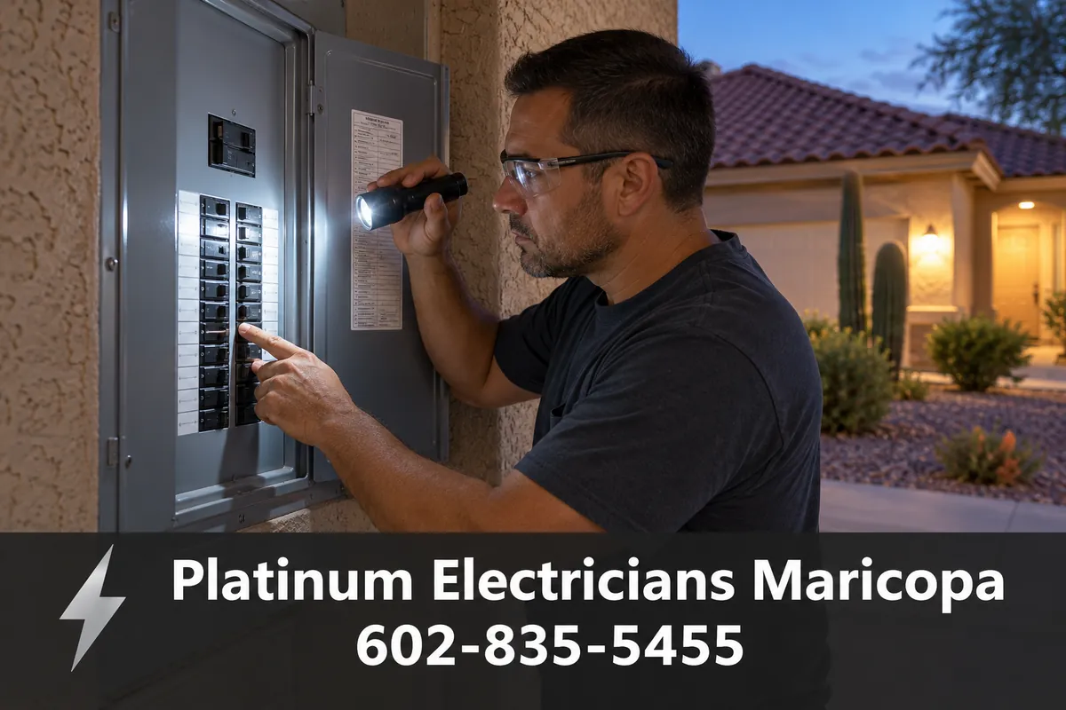 Electrician inspecting a breaker panel by flashlight during a power problem