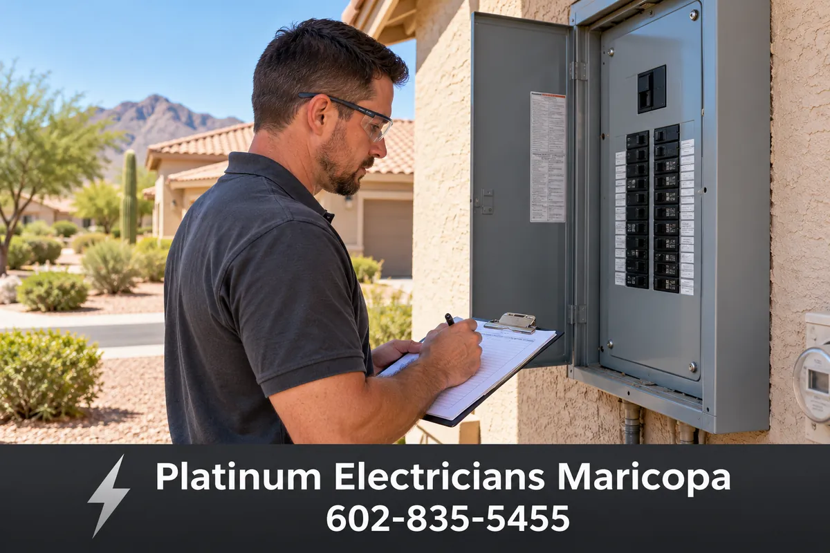 Electrician inspecting a residential breaker panel with a clipboard