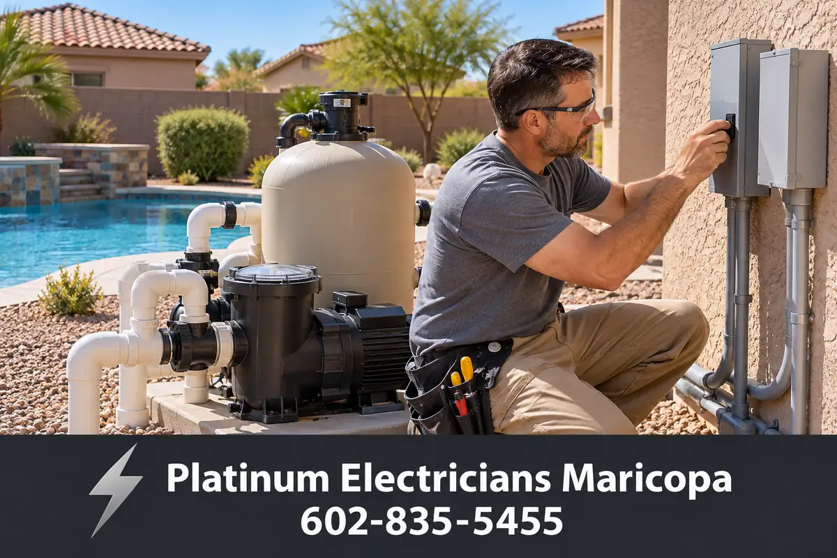Backyard pool equipment pad with pump, filter and electrical disconnect in Arizona