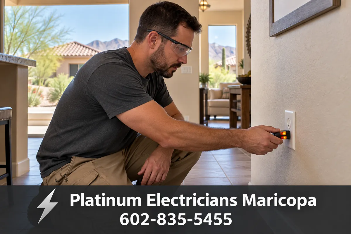 Electrician testing a household outlet in a Maricopa, Arizona home